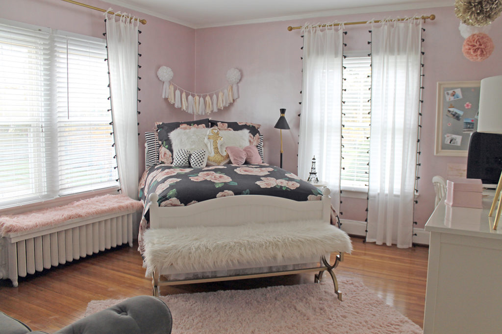 blush and gold girl's bedroom | polka dots and picket fences