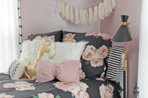 blush and gold girl's bedroom | polka dots and picket fences